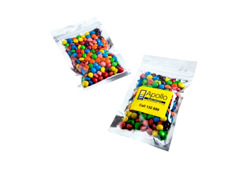 Silver Zip Lock Bag with M&Ms 50g