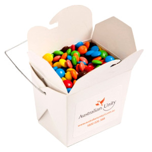 White Cardboard Noodle Box with M&Ms 